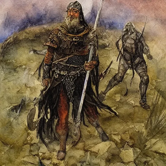 Prompt: “Culhwch the warrior sets off on a quest, a watercolour illustration of the Medieval Welsh Epic, The Mabinogion by Alan Lee”