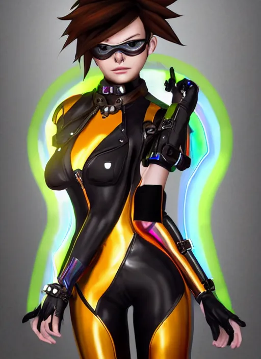 Image similar to portrait bust digital artwork of tracer overwatch, wearing iridescent rainbow latex and leather straps catsuit outfit, makeup, in style of mark arian, angel wings, wearing detailed leather collar, chains, black leather harness, detailed face and eyes,