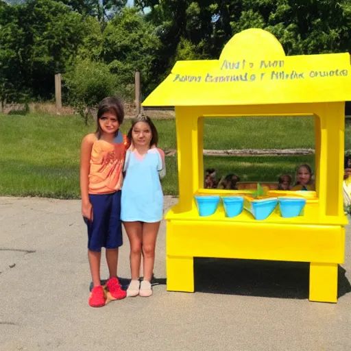 Image similar to a yellow human sized duck standing next to a children's lemonade stand