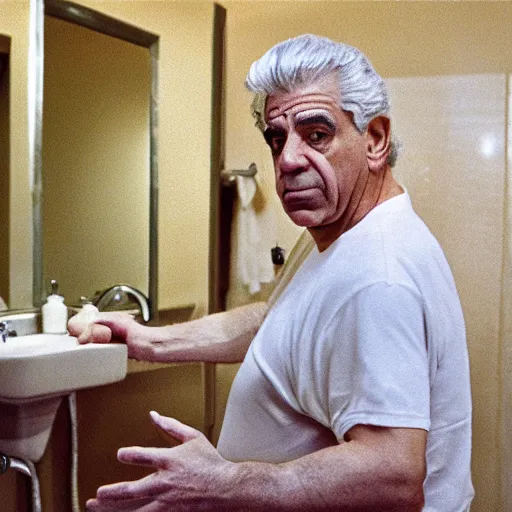Image similar to phil leotardo in a bathroom washing his hands, realistic, photorealistic, 8 k