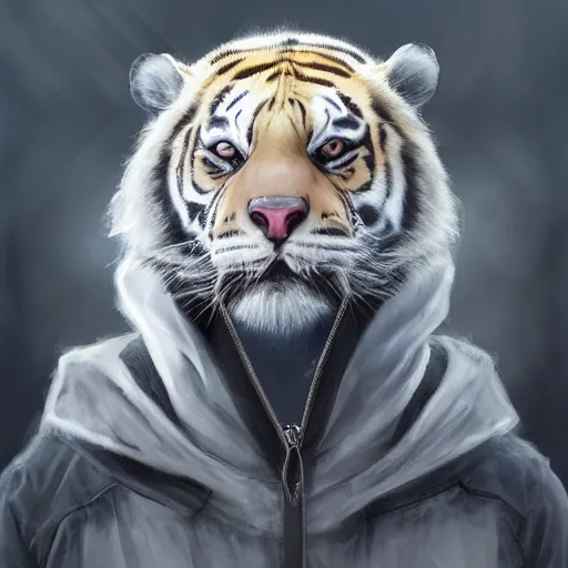 Image similar to a beautfiul award winning aesthetic commission of an antrho albino tiger wearing a black padded hooded puffer jacket,digital art,art by artgerm,character design by charles bowater,ross tran,photorealistic,detailed face,hyperdetailed,western comic,2021,artstation,deviantart