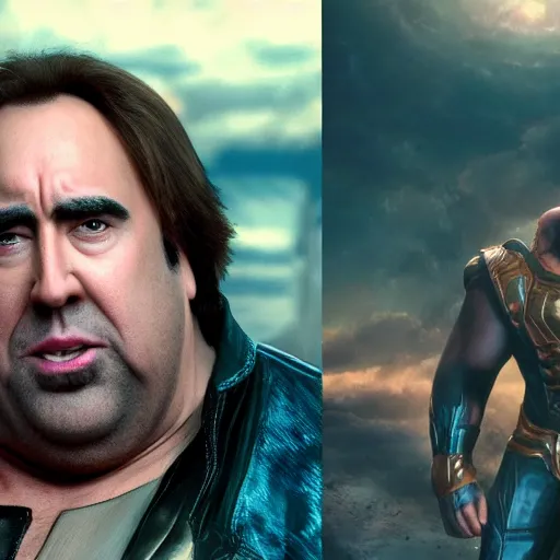 Prompt: a fat nic cage playing thanos hd digital photography, movie still