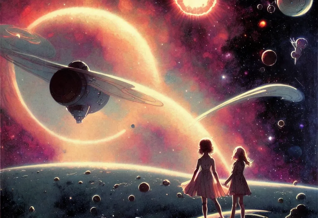 Image similar to illustrated by moebius and greg rutkowski, romantic!!! space scene!! with standing young girl!!!!, orbit of earth!, futuristic orbital station!!!!, nebulae!!, starry sky!!, rule of third!!!!, vintage cover of sci - fi magazine, cinematic!!