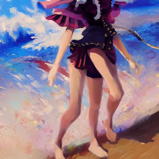 Image similar to Beautiful abstract impressionist painting of Kirisame Marisa from the Touhou project at the beach, touhou project official artwork, danbooru, oil painting by Antoine Blanchard, award winning art, oil on canvas , wide strokes, pastel colors, soft lighting