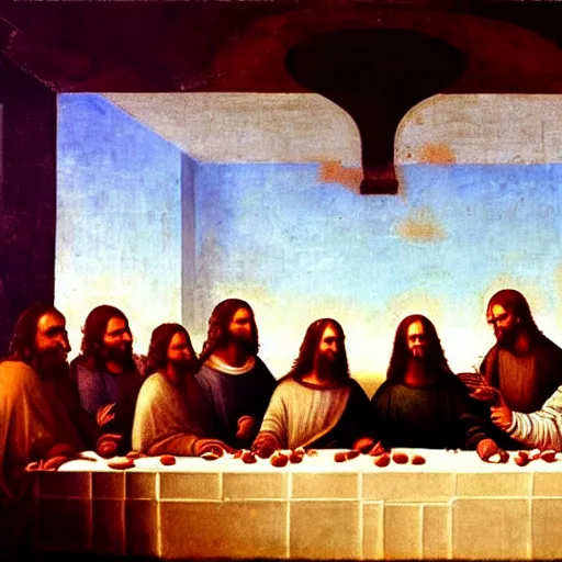 Image similar to mandalorian as jesus at the last supper, by leonardo davinci, concept art, oil painting, art station