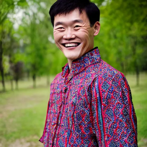 Prompt: photography of smiling kim chen in. kim chen in is wearing traditional - ukrainian shirt designed by taras shevchenko.