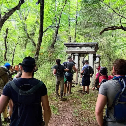 Image similar to A group of friends were hiking through the woods when they came across an ancient temple. They are surrounded by a group of armed men.