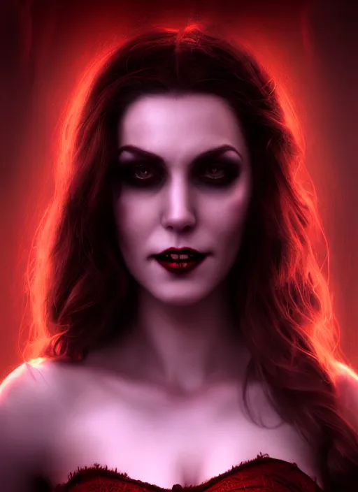 Image similar to realistic matte painting, full length portrait, the duchess of blood owns the las vegas night, vampire, highly detailed, CGsociety, subtle, concept art, HDR, hyper realistic, volumetric lighting, subsurface scattering, unreal