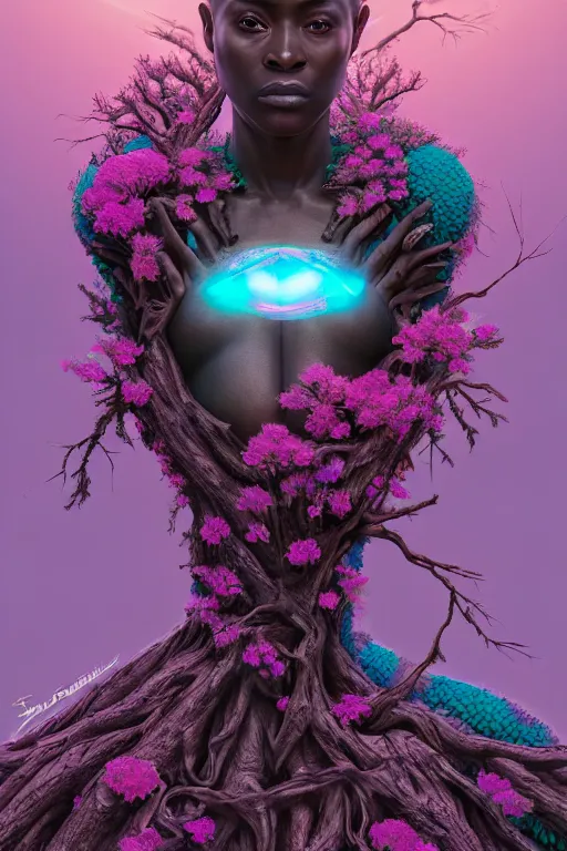 Image similar to hyperrealistic post - renaissance cinematic super expressive! yoruba goddess with exoskeleton armor, merging with tree in a forest, pink flowers, highly detailed digital art masterpiece, smooth cam de leon eric zener dramatic pearlescent soft teal light, ground angle hd 8 k, sharp focus