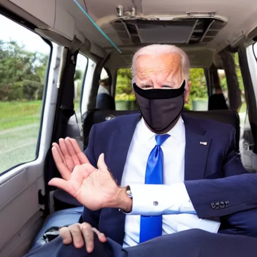 Prompt: Joe Biden in the back of a dark van