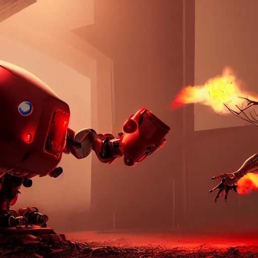 Prompt: post - apocalyptic, a very strong robot with red enerygies shaking the hand with a mighty alien creature that has multiple eyes. smoke. volumetric lighting, sharp focus, ultra detailed, cgsociety