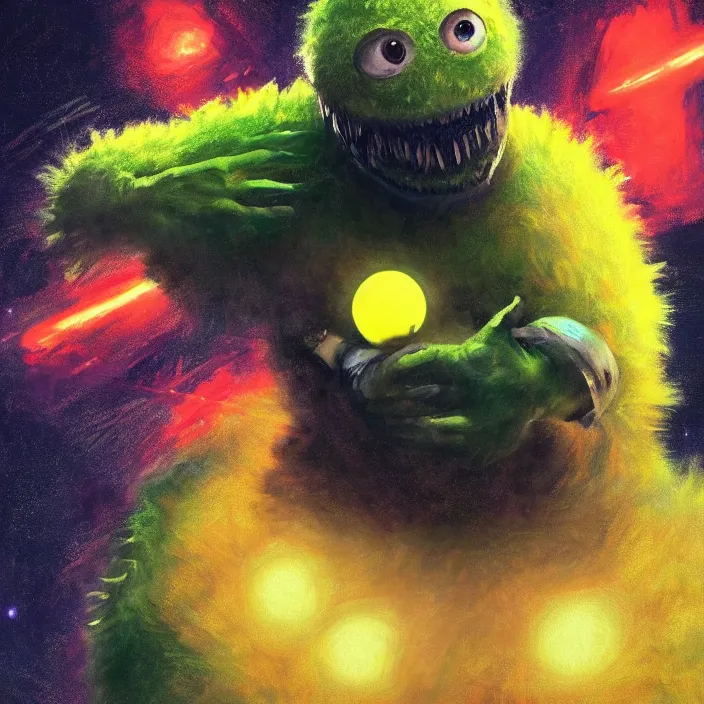 Image similar to cinematic portrait of a cute tennis ball monster in the abyss of space, chalk, masterpiece, trending on artstation, featured on pixiv, cinematic composition, dramatic pose, beautiful lighting, sharp details, hyper - detailed, hd, hdr, 4 k, 8 k, art by basil gogos