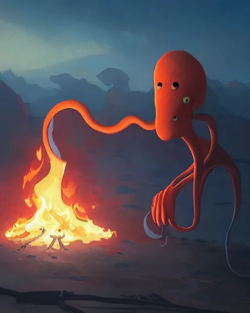 Prompt: squidward ( anthropomorphic squid ) wearing fire nation clothing and practicing firebending outside at susnset, [ greg rutkowski ]