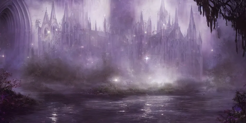 Image similar to ruby, sapphire, celestine, moonstone, amethyst, garnet, emerald and pearl in the river, concept art, fantasy, gothic cathedral, light through the mist, dramatic lighting, photorealistic, cinematic lighting, high detail, cinematic feel, high octane, 4K, Unreal Engine, digital render, intricate, ultra realistic, crepuscular ray, low angle, superwide shot, lunapunk