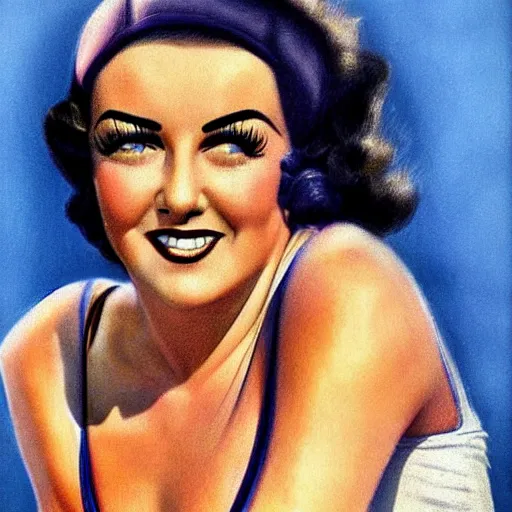 Image similar to a 1 9 3 0 s ultra - realistic color portrait. happy, healthy, beautiful, smiling, young, sporty, blonde, blue - eyed symmetric liz taylor in decent athletic wear. hyper - realistic detailed drawing