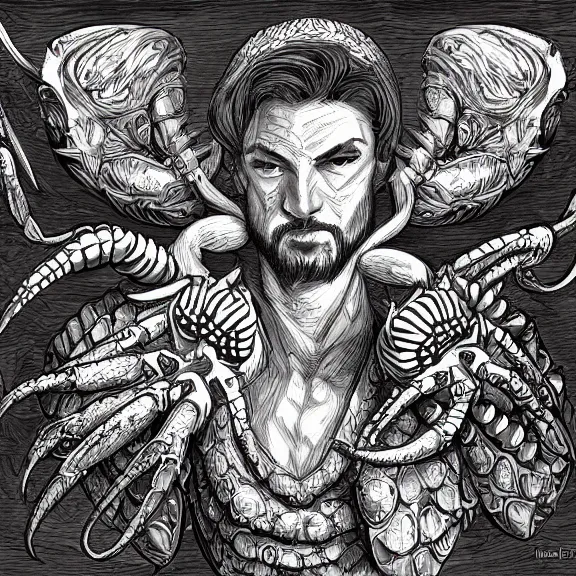 Image similar to A portrait of a man crossed with a crab and a squid, D&D rulebook illustration, fantasy, highly detailed, digital drawing