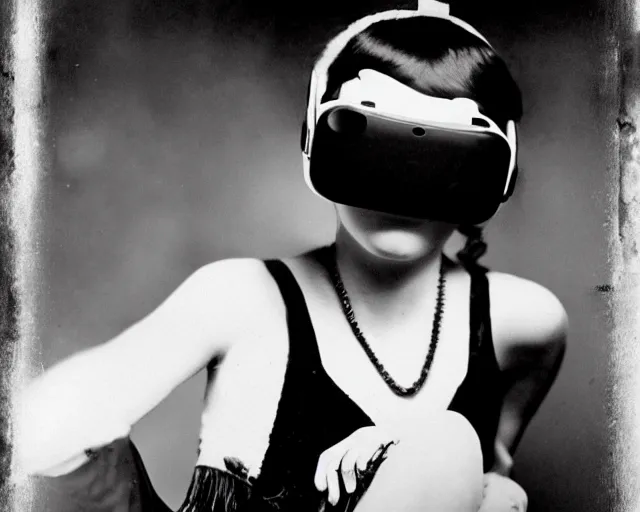 Image similar to 1 9 2 0 s photo of a flapper girl wearing a vr headset on a stage in a speakeasy