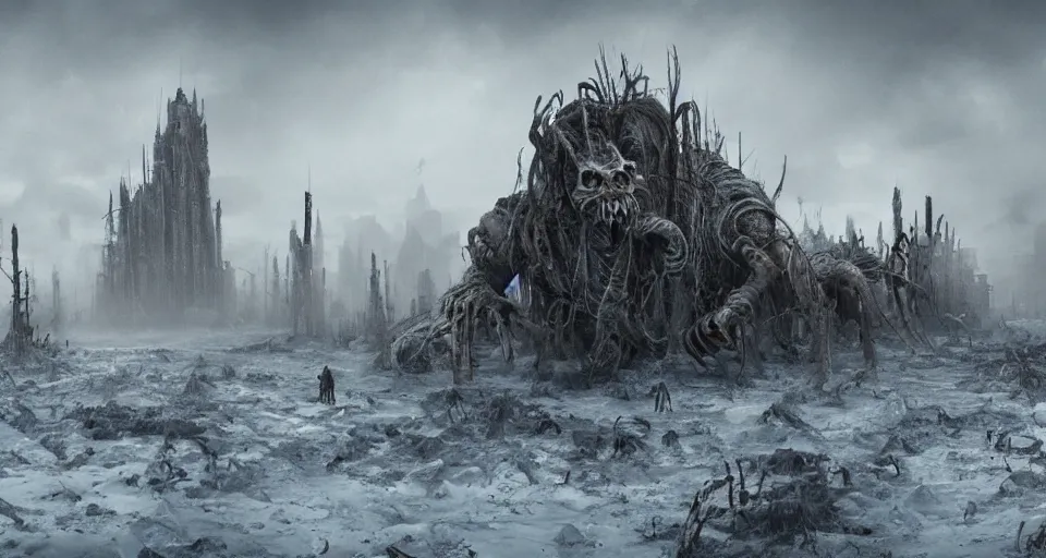 Prompt: a huge city walking on 8 spider legs through a post apocalyptic tundra, fantasy, cinematic