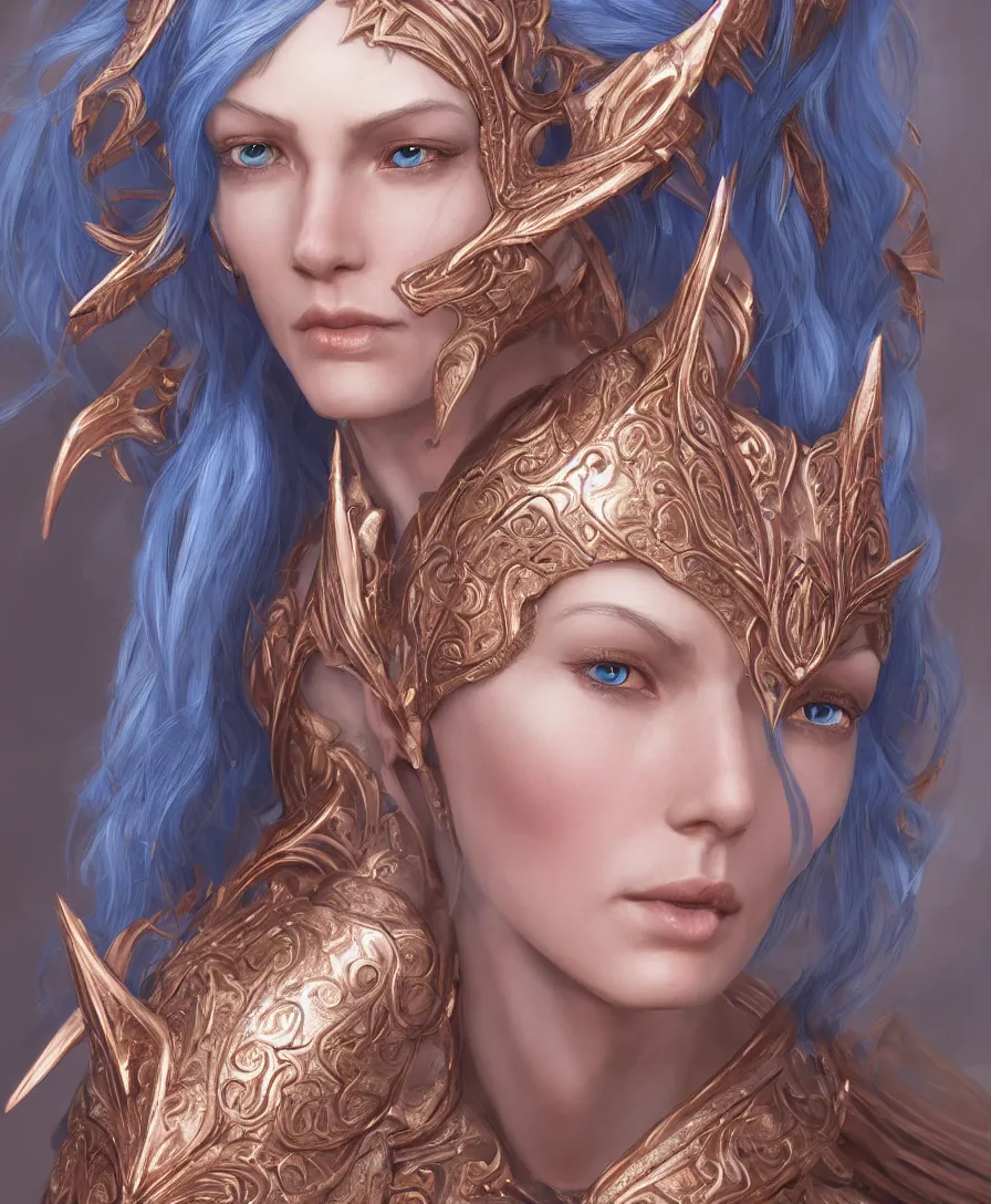 Prompt: a beautiful and highly detailed digital portrait of a dignified female elven paladin with blue hair in rose gold armor by clint cearley and karol bak, centered, artsation contest winner, artstation hd, cgsociety, fantasy art, cryengine, concept art, photorealism, daz 3 d, sketchfab, zbrush, vray