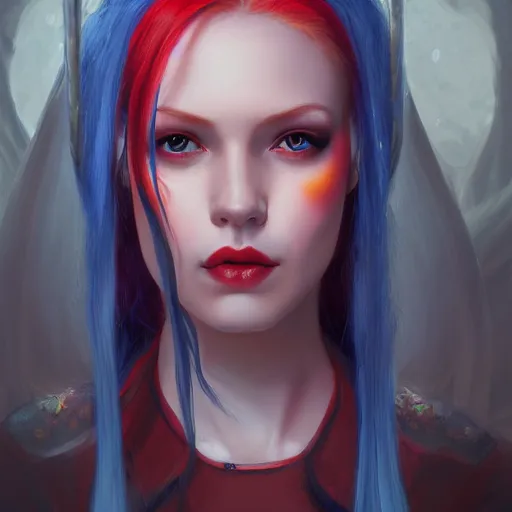 Image similar to A detailed matte oil on canvas head on symmetrical portrait of a distinguished elven woman with red and blue hair on an empty background, by Charlie bowater, Wlop, trending on artstationhd, dungeons and dragons art, parted hair , half blue, half red , split dye, critical role