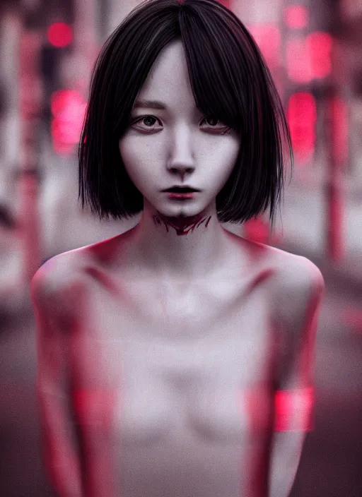 Image similar to portrait of demonic girl with no head, middle of the crowded tokyo street, photorealistic, canon r 3, symmetry, octane render, unreal engine, dramatic lights