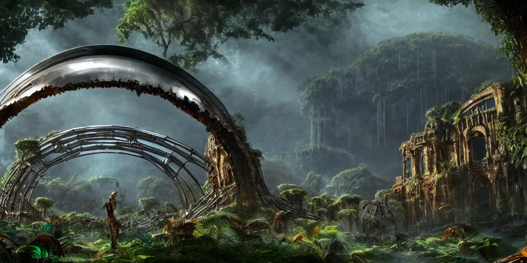 Prompt: a giant chrome metal arch structure is surrounded by jungles and stone ruins, retro - futuristic, science - fantasy, ancient, rusted, fungal, salt, lgbt, queer, rpg, epic, dungeons & dragons, sacred, sharp focus, award - winning, extremely detailed, 4 k, 8 k