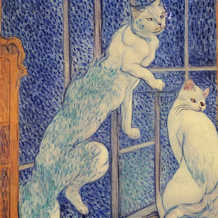 Prompt: sad woman and white cat with city with gothic cathedral and tall trees seen from a window frame with curtains. dark indigo blue, turquoise, gold, earth brown. night with glowing stars. delville jean, henri de toulouse - lautrec, utamaro, matisse, monet