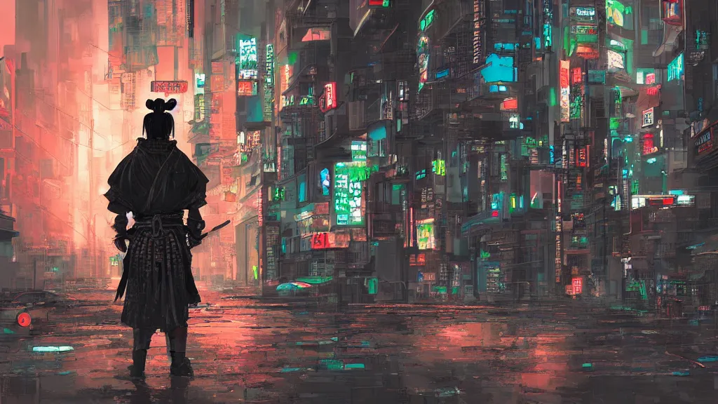 Prompt: A samurai in a cyberpunk city, digital art
