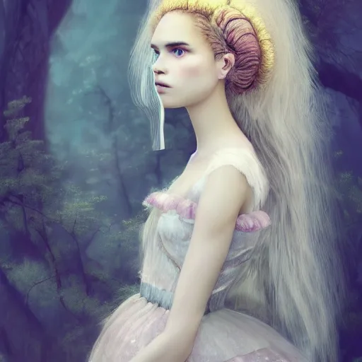 Prompt: a beautiful young princess, looks like a mix of Grimes, Lana Del Rey and Zoë Kravitz, wearing a puffy beautiful dress with tulle and lace, ethereal, sweet, hallucinatory, hypnotic, dreampunk, marbled swirls, gradient, style inspired by shoujo manga, pre-raphaelite painting and John singer Sargent, 4k photorealistic, unreal engine 5, Arnold render