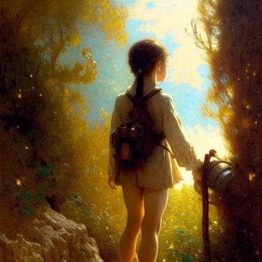 Prompt: a gaston bussiere's film still portrait of child hiker finding a city inside a cava, finely detailed features, closeup at the faces, sun, water, perfect art, gapmoe yandere grimdark, trending on pixiv fanbox, painted by greg rutkowski makoto shinkai takashi takeuchi studio ghibli, gaston bussiere