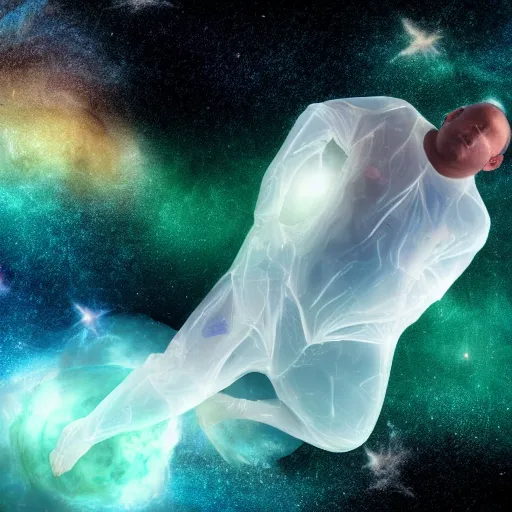 Image similar to A translucent transparent human floating in a galaxy, award-winning