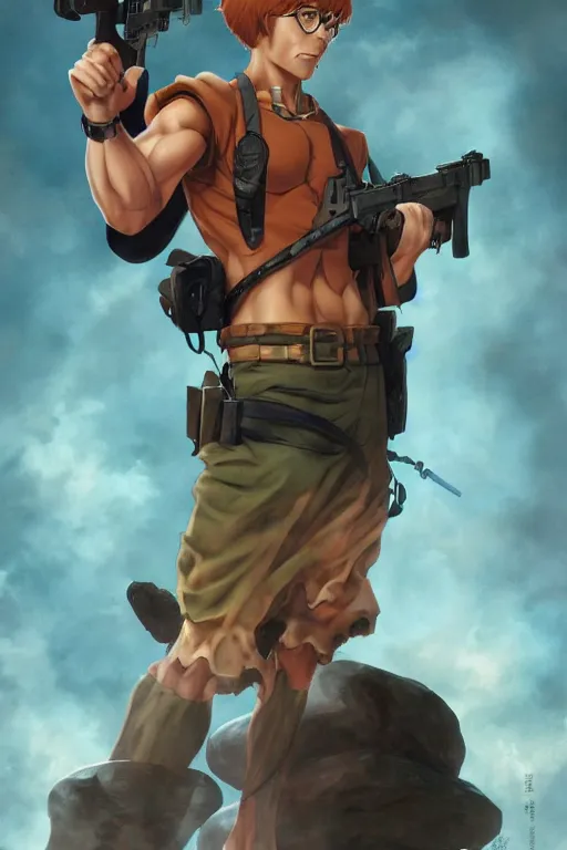 Prompt: scooby doo holding a gun, character art portrait, anime key visual, official media, illustrated by tom bagshaw, wlop, kentaro miura, extremely detailed, 8 k, trending on artstation, cinematic lighting, beautiful