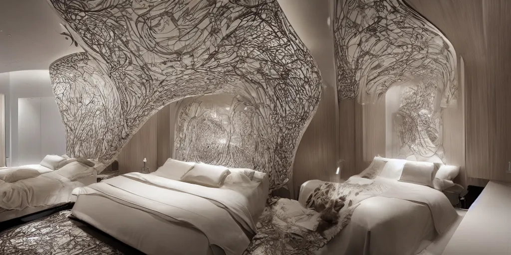 Image similar to a cozy bedroom decorated by Zaha Hadid, detailed, high resolution, wow!, intricate