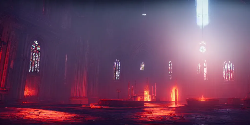 Image similar to symmetrical, centered composition, ancient church with red shafts of light in destiny 2, foggy, liminal, dark, dystopian, beautiful architecture, abandoned, highly detailed 4 k destiny 2 expansion key art wallpaper