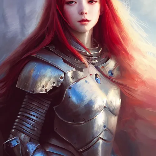 Image similar to girl in knight armor , long hair , red hair , portrait , made by Stanley Artgerm Lau, WLOP, Rossdraws, James Jean, Andrei Riabovitchev, Marc Simonetti, Yoshitaka Amano, ArtStation, CGSociety