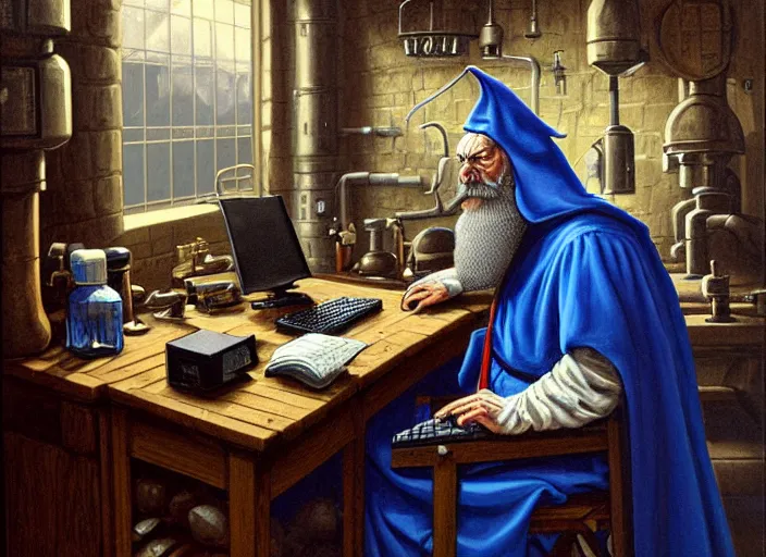 Prompt: classic oil painting, side view of a medieval wizard using a gaming computer, as a dnd character, inside a dusty lab, blue nighttime, cottagecore, long wavy beard, research supplies, extremely detailed, digital illustration, concept art, readability, smooth, sharp focus, art by brothers hildebrandt, and paul bonner