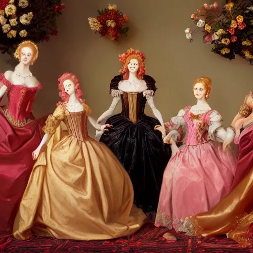 Image similar to group of skinny female artist wearing renaissance dresses, pink and gold flowers in the style of realism, cinematic, high octane render, tonalism, rococo, manga