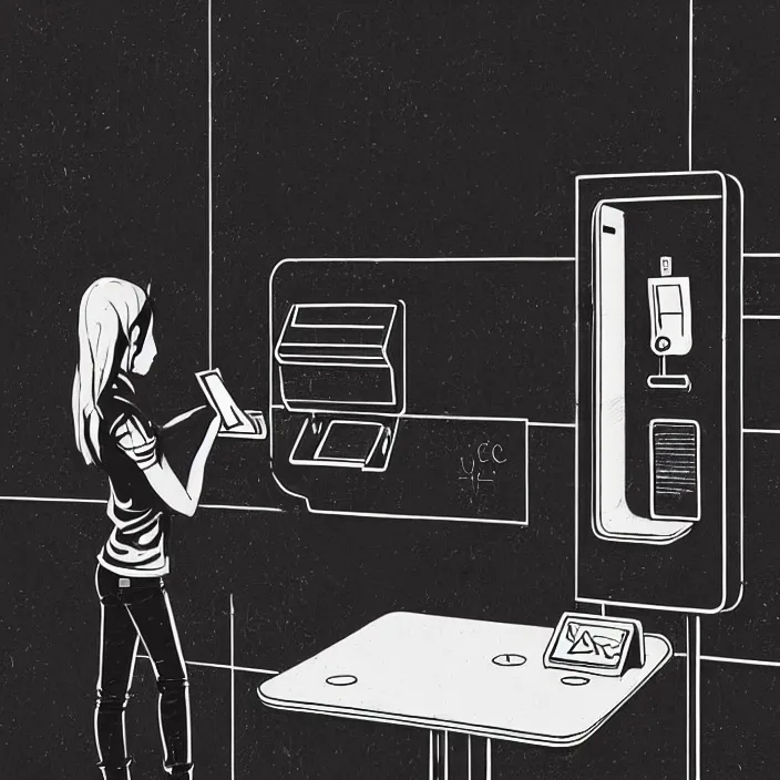 Prompt: girl's hand inserts a card into a slot. inside a minimalist dirty automated kiosk. bright tasty food options displayed on a wall. black tiles on walls. a seat and table. black and white, pencil and ink. by gabriel hardman, joe alves, chris bonura. cinematic atmosphere, detailed and intricate, perfect anatomy
