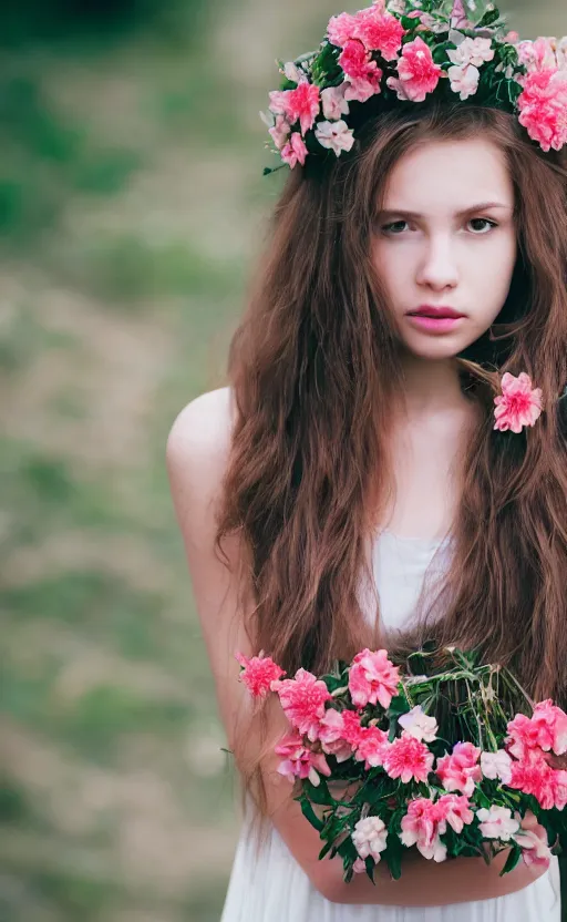 Image similar to portrait of a beautiful young girl with A LOT of flowers in her hair, beautiful composition, modern color palette, 50mm f1.8, ambient light,