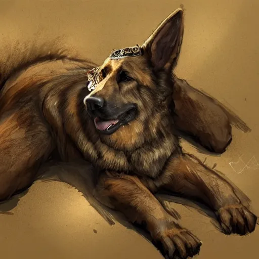 Image similar to a wounded humanoid german shepherd beast - man in military style, sitting on the carpeted floor beside a bed, highly detailed portrait, digital painting, artstation, concept art, smooth, sharp foccus ilustration, artstation