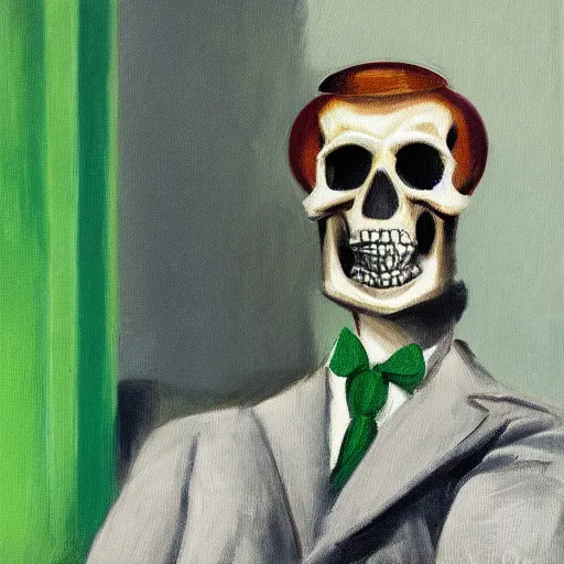 Image similar to a portrait painting of a man with a skull as his head, man is wearing a suit, the skull is green, in the style of edward hopper, 4 k,