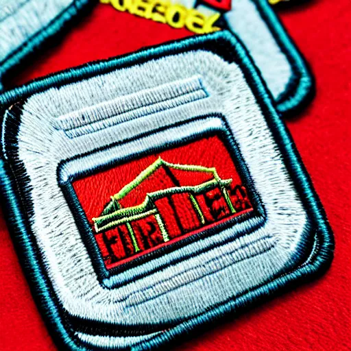 Prompt: fire station embroidered patch retro - futuristic design