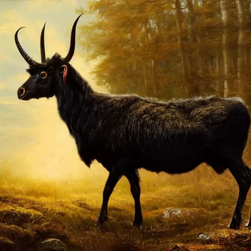 Prompt: thomas kincaid painting of black phillip, long horns, 1 0 legs. from the movie the witch. dynamic lighting, masterpiece painting, octane render, cinematic trending