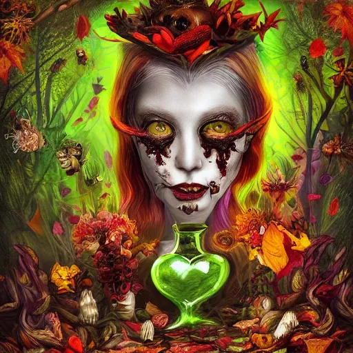 Image similar to Hell and heaven, captured in bottles, a heart full of envy, The Autumn Plague Gardener, the theme of Alice in Wonderland, digital painting, its softness partakes of fluidity, illustration, deep dark, artstation, intricate, biodiversity in a world of change and constancy, ue5, by deiv calviz and bossmonsterbani