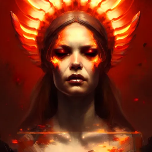 Prompt: a beautiful portrait of a death and madness goddess with slightly closed eyes by Greg Rutkowski and Raymond Swanland, Trending on Artstation, Flaming Background, ultra realistic digital art