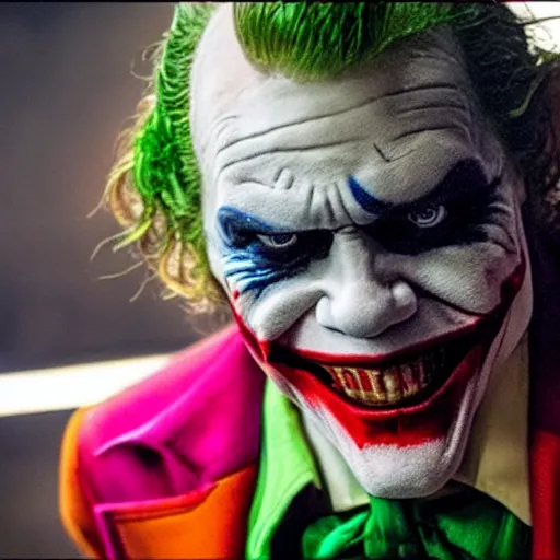 Prompt: film still of Willam Dafoe as joker in the new Joker movie