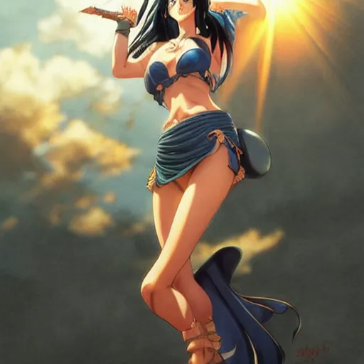 Image similar to highly detailed vfx portrait of nico robin by eiichiro oda!, makoto shinkai, sharp focus, art by artgerm and greg rutkowski!, backlit, harsh overhead sunlight, blue eyes!!, large aquiline nose!!, stanley kybric, kaoru mori, detailed, best of behance,