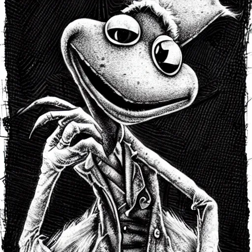 Prompt: michael karcz punk grunge cartoon drawing of kermit the frog. , in the style of corpse bride, loony toons style, horror themed, detailed, elegant, intricate