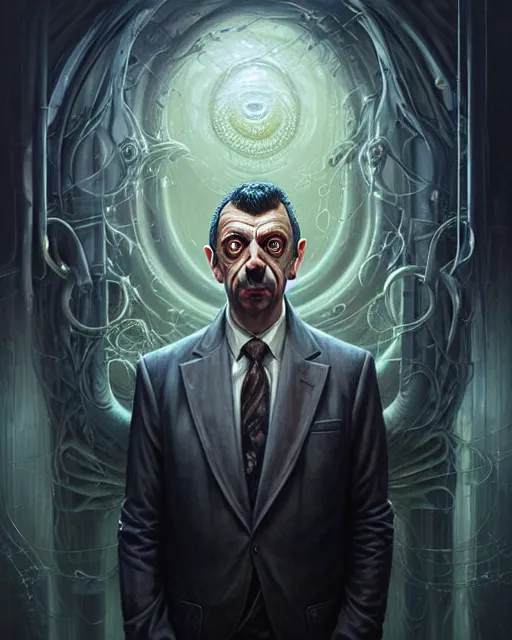 Image similar to lovecraft biopunk portrait of rowan sebastian atkinson by tomasz alen kopera and peter mohrbacher