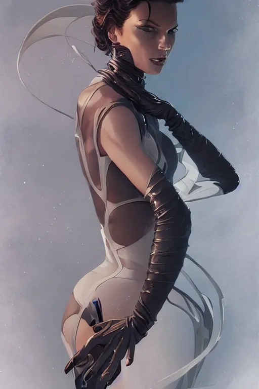 Image similar to elegant high fashion thierry mugler gown aeon flux profile picture by greg rutkowski, dynamic pose, intricate, futuristic, fantasy, elegant, by stanley artgerm lau, greg rutkowski, thomas kindkade, alphonse mucha, loish, thierry mugler, norman rockwell,